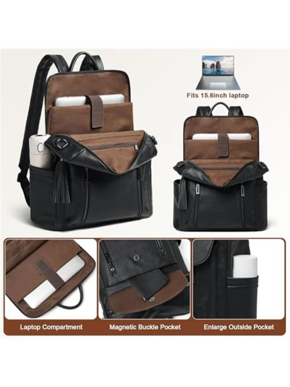 Leather Laptop Backpack Women Work Travel Purse 15.6 Computer Bookbag Tote